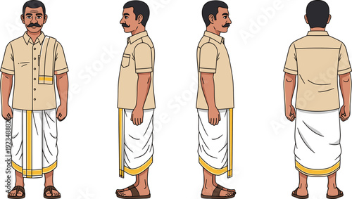 Traditional South Indian Male Character Design Featuring Dhoti, Shirt, Mustache, and Cultural Clothing Depicted from Multiple Angles for Artistic and Educational Use
