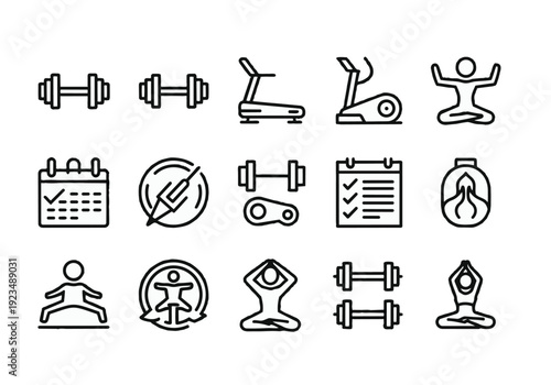 Collection of minimalist line art icons depicting fitness equipment, yoga poses, and wellness activities for healthy lifestyle concepts