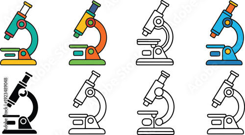 Vector illustration collection of microscopes in various colors and styles isolated on white for laboratory, science, and education designs