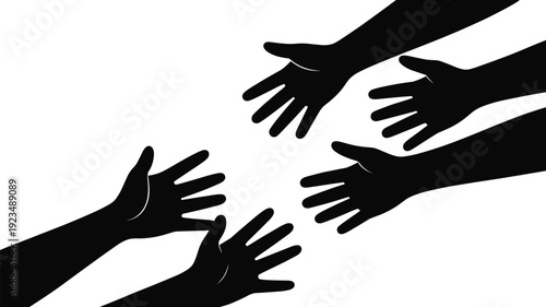 Black silhouette hands reaching out towards each other on a white background Keywords: hands, reaching, helping, connection