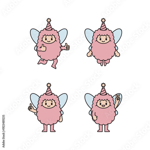Cartoon pink creatures celebrating with party hats and props in various poses