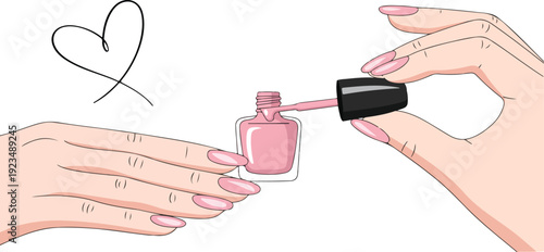Vector illustration of female hands applying nail polish isolated on white background for manicure, beauty, and cosmetic design projects