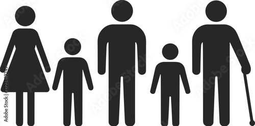 Black silhouette icons of a family including a woman, two children, a man, and an elderly man with a cane