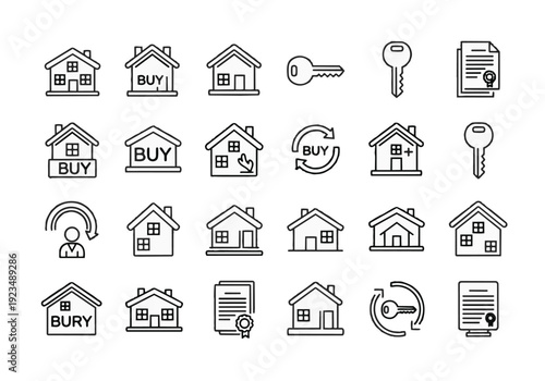 Real estate transaction icons: house, key, document, buy, sell, contract, agreement, ownership, property