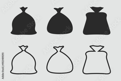 Garbage Bags Silhouette set vector illustration. Black garbage bag silhouette icon, trash sack waste collection symbol vector illustration isolated on white background. Eps 10