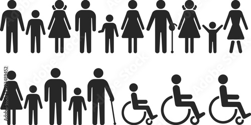Black silhouette icons of diverse people including families and individuals in wheelchairs Keywords: people, icons, silhouette