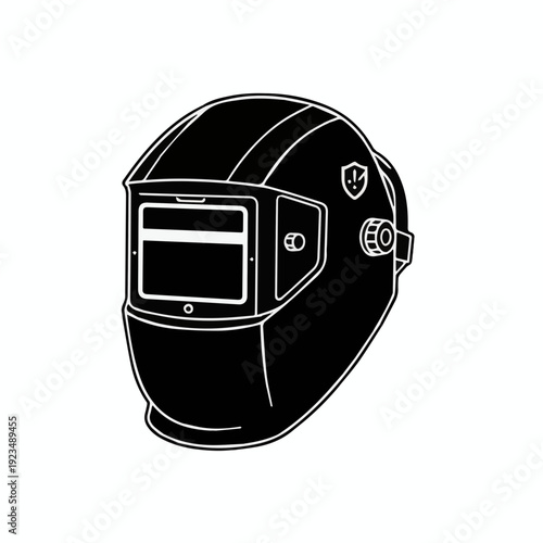 Modern automatic welding helmet icon. Black and white vector illustration of professional personal protective equipment (PPE) for eye and face safety in metalworking