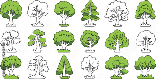 Cartoon tree collection vector illustration featuring green forest and park plants isolated on white for nature and outdoor design projects