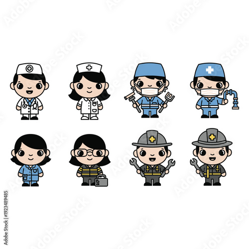 Diverse Medical and Emergency Workers Set in Flat Design Style vector illustration