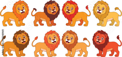 Cute lion cartoon characters collection vector illustration featuring standing safari wildlife animals isolated on white for children and nature designs