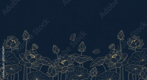 Golden line art flowers and leaves on dark blue background with glowing accents and elegant botanical illustration