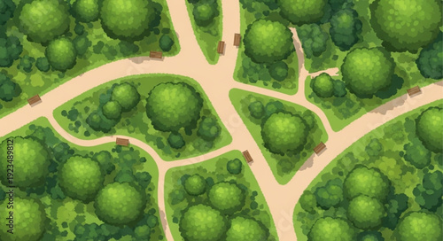 Aerial view of a lush green park with winding pathways and trees.