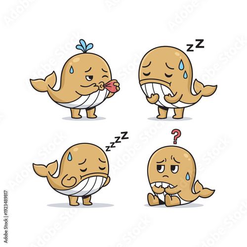 Cartoon fish feeling unwell and stressed with various emotions on white background