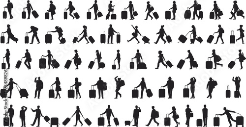 Collection of diverse human silhouettes with luggage and suitcases Keywords: silhouette, people, man, woman, luggage, suitcase