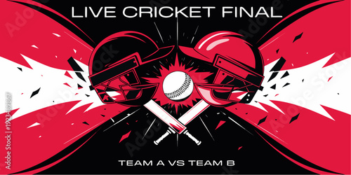 A vibrant illustration of cricket equipment for a live match final