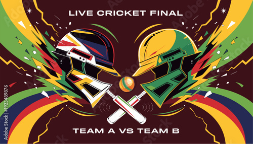 A vibrant illustration of a live cricket final match between two teams