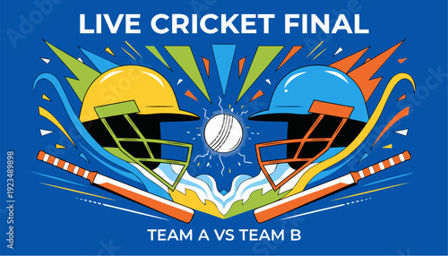 A vibrant illustration of a live cricket final match with colorful helmets and bats