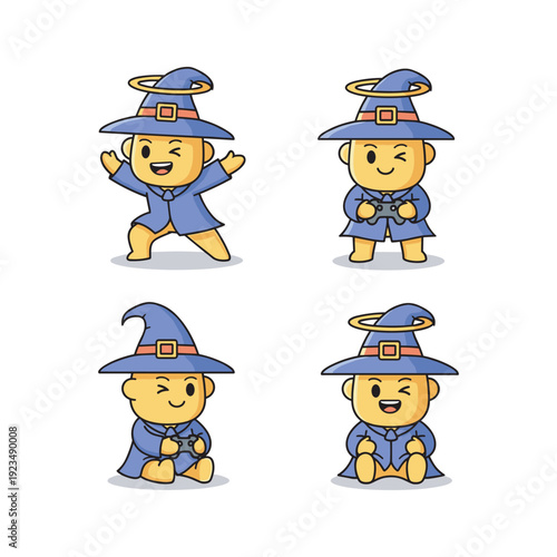 Cartoon wizard characters in various poses with halo hats on white background
