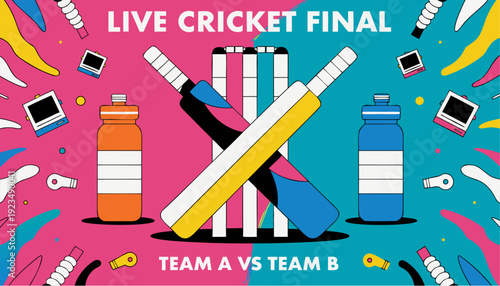 A vibrant illustration of a live cricket final with colorful cricket bats, wickets, and water bottles on a pink and blue background