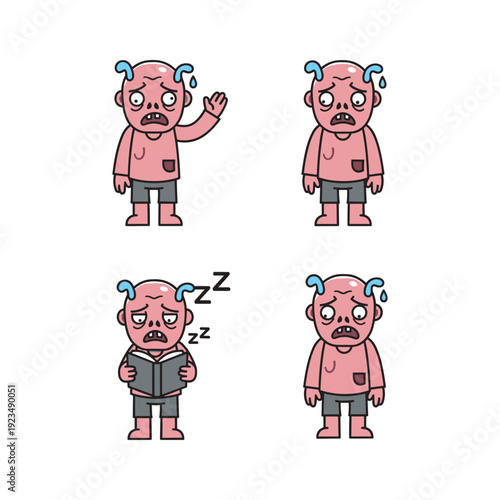 Cartoon man showing different emotions and sleeping with copy space