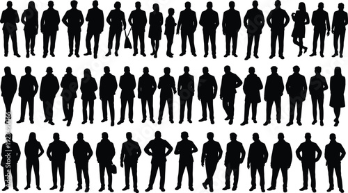 Diverse collection of male and female human silhouettes in various poses and attire people group