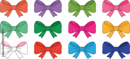Colorful decorative bow collection vector illustration featuring bright ribbon shapes isolated on white for gift and celebration designs