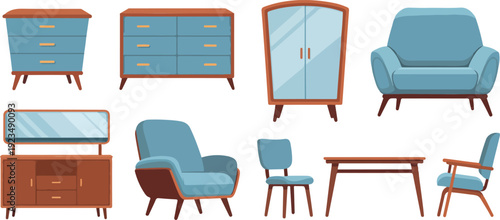 Vintage wooden furniture collection vector illustration featuring cabinets, table, chairs, and armchair for retro home interior designs