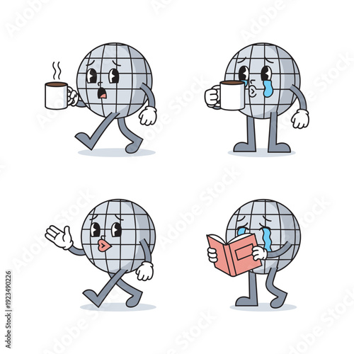 Cartoon globe character in various daily activities with emotions