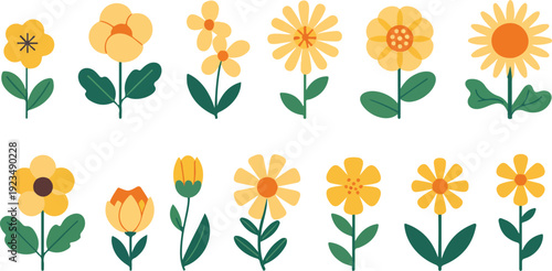 Bright yellow rose flower collection vector illustration featuring blooming garden roses, delicate petals, and isolated floral elements on white background