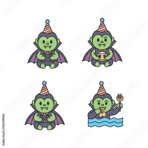 Cute cartoon vampires celebrating Halloween with party hats and treats