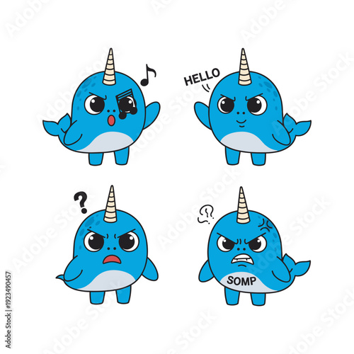 Narwhal character set showing different emotions with speech bubbles