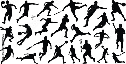 Dynamic silhouettes of athletes engaged in various sports actions and activities movement