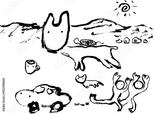 Hand drawn ink and brush landscape with a large animal turtle on its back cat mug sun car houses mountains and dancing people