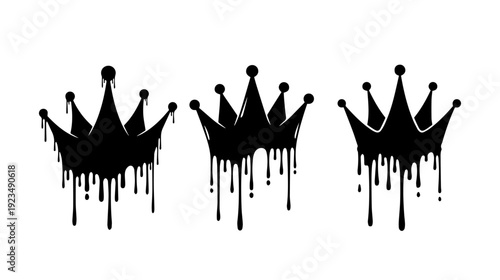 Three black dripping crown icons in graffiti style isolated on clean white background