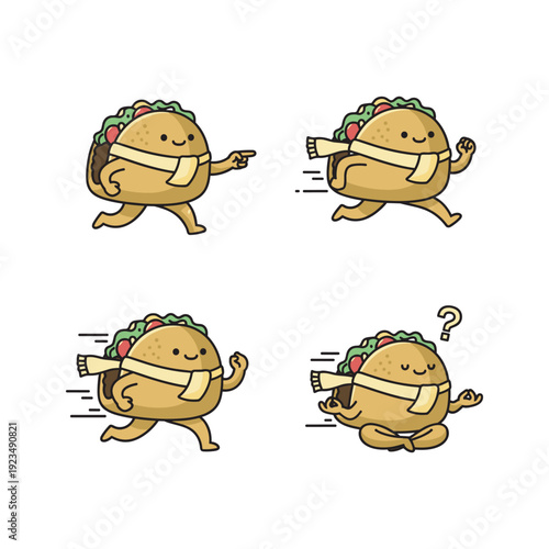 Cartoon taco character dancing with a smartphone in different poses on white background
