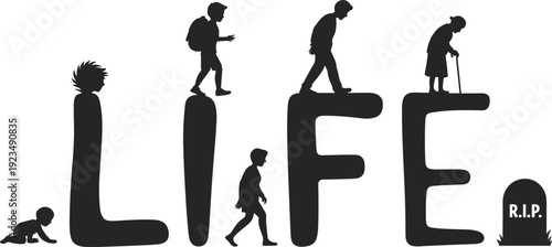 Human life cycle stages from birth to death represented by silhouettes on the word LIFE Keywords: life cycle, human, stages
