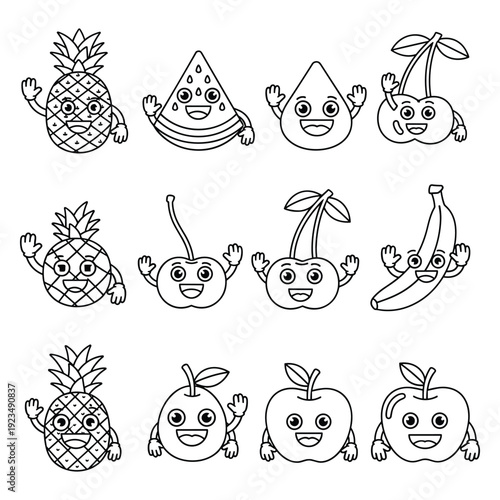 Set of cartoon fruits with smiling faces in black and white vector illustration