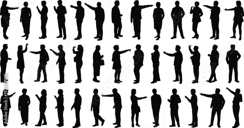 Large collection of diverse human silhouettes in various poses and actions Keywords: silhouette, people, man, woman, standing