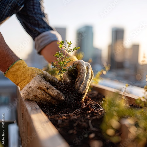 Outdoor rooftop terrace: one adult office worker in business-casual planting a small tree sapling into a planter box, gardening gloves, city skyline bokeh, warm afternoon light