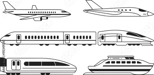 Line art illustrations of various modern transportation vehicles including airplanes and trains Keywords: transportation