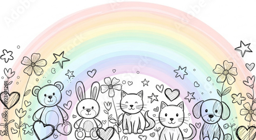 Colorful cartoon animals under rainbow with hearts and stars cute pets and friends