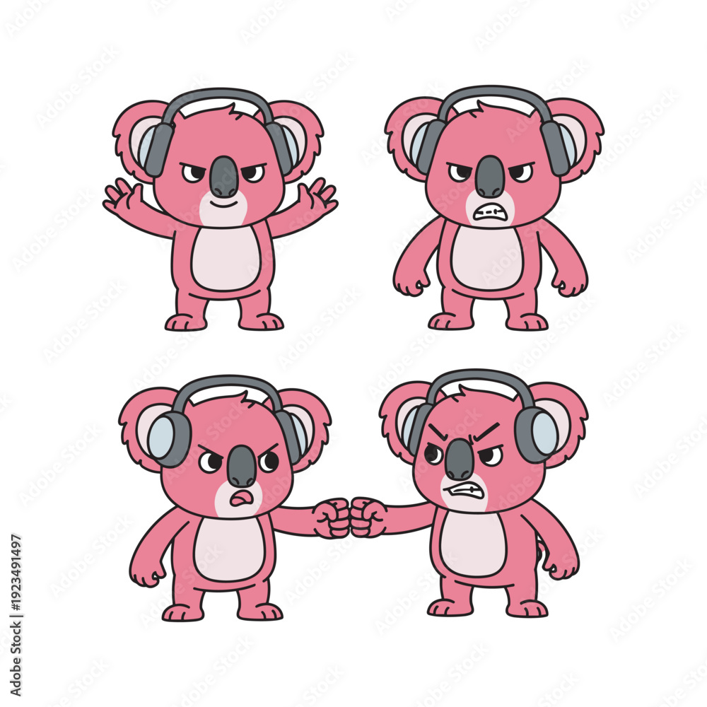 Obraz premium Cartoon koalas with headphones showing different emotions on white background