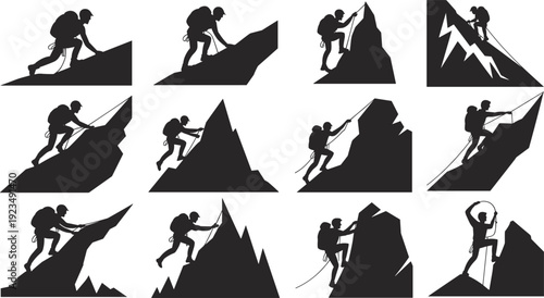 Silhouette mountain climbers ascending steep rocky peaks with ropes and backpacks Keywords: climbing, mountain, climber