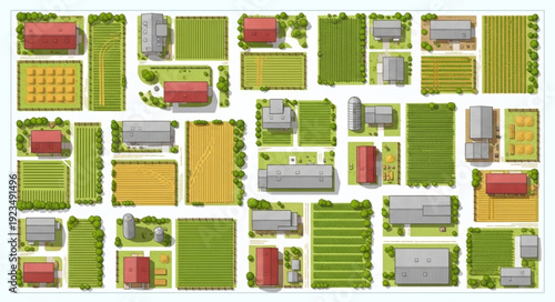 Aerial view of various agricultural fields and structures, showcasing diverse farming practices.