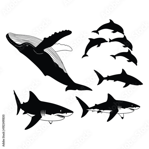 Group of sharks swimming underwater diverse species vector illustration flat design scalable art