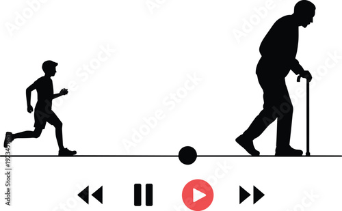 Silhouettes of a running boy and an old man with a cane with media player controls elderly