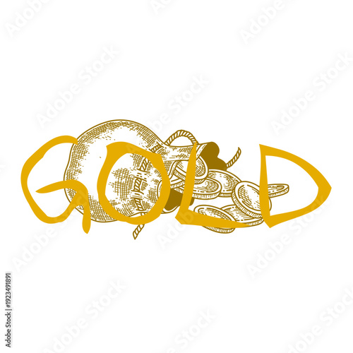 hand drawn bag of gold coins line art vector illustration