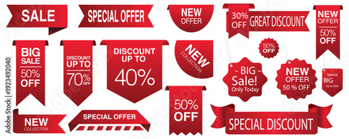 Sale tags. Red ribbon discount labels, special offer badges and promotional banners isolated vector