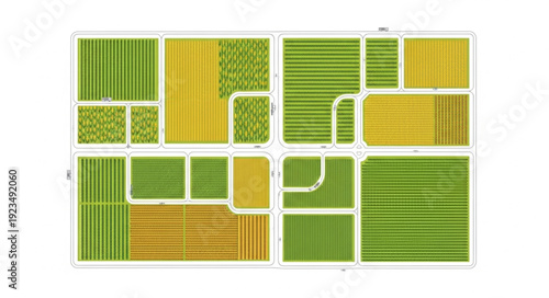 Detailed aerial view of various agricultural fields and crop patterns.