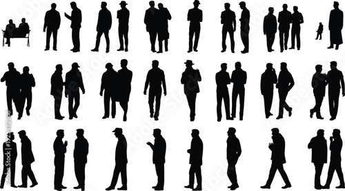 Silhouettes of men in conversation and solitary poses, some in coats and hats people group